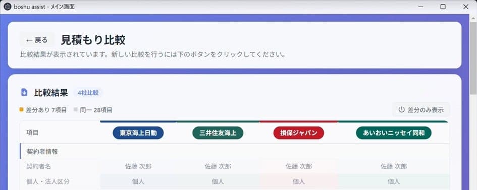 AIが生成した複数社の比較結果画面